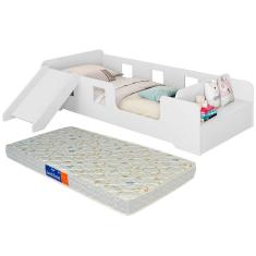 Cama Infantil Montessoriana com Escorregador e Grade Proteção com Colchão Manu Branco