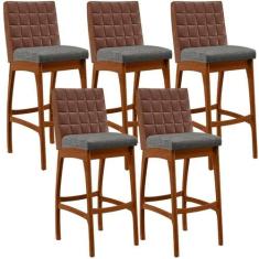 Kit 05 Banquetas Altas Mila Marrom Linho Cinza Escuro - LYAM DECOR