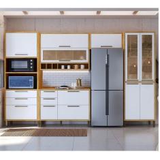 Cozinha Modulada Completa 5 Peças 11 Portas E Vidro Reflecta 349cm 100% Mdf Vicenza Espresso Móveis Amêndoa-branco