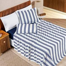 Jogo De Lençol King Marim Malha 100% Algodão Estampado 4 Peças Marinho