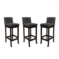 Kit 3 Banquetas Alta de Madeira Maciça Tóquio com Encosto Matelassê Suede Cinza CCS