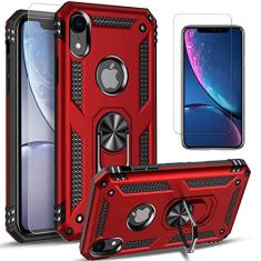 STARSHOP Capa protetora para iPhone XR, com [protetor de tela de vidro temperado incluído], capa protetora de camada dupla à prova de choque de grau militar com suporte de anel de metal com rotação de