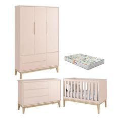 Quarto de Bebê 3 Portas New Classic Rosa com Pés Madeira Natural e Col