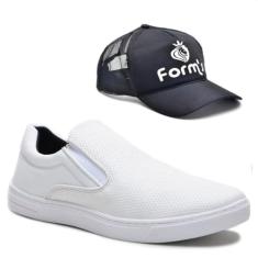 Kit Tênis Casual Masculino Slip On Elástico Conforto + Boné Branco