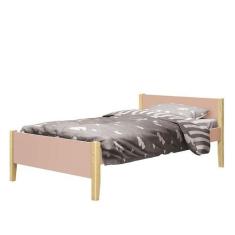 Cama Solteiro Simba Rosa Fosco com Pés Madeira Natural - Reller Móveis