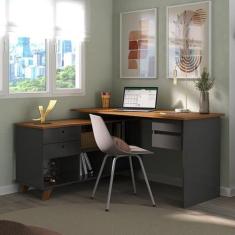 Escrivaninha Mesa Escritório em L Retrô Gold com 4 Gavetas - Espresso 