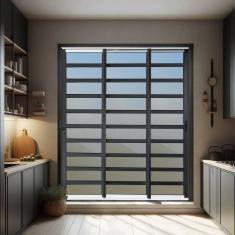 Porta de Correr com Travessas 3 Folhas Moveis Sequenciais 210 X 240 Elite com Fecho Automático Vidro Mix Preto