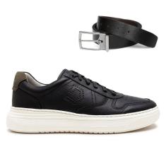 Tênis De Couro Democrata Masculino Denim Joe Ultra Light 526103 + Cinto Dupla Face