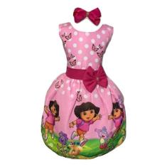 Vestido Infantil Temático Dora Aventureira Festa Aniversário Fantasia 