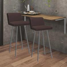 Kit Mesa Suspensa de Parede Fixa mdf Rústico + 2 Banquetas Lexi Ferro Cinza Suede Marrom - Ahazzo Móveis