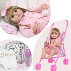 Boneca Tipo Reborn Recém Nascida Fofa Completa 46cm Carrinho - Cegonha