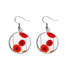 Brinco de prata com flores abstratas com círculo vermelho e pingente de orelha, joia feminina