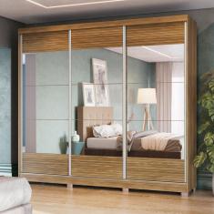 Guarda-Roupa Casal 100% MDF Kappesberg 3 Portas de Correr com Espelhos 6 Gavetas Nogueira