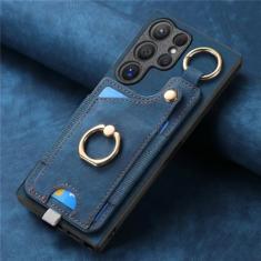 Capa de telefone com suporte de anel para Samsung Galaxy S21 S20 FE S24 S23 S22 Ultra S10 Plus S9 S8 Capa magnética de couro com compartimento para cartão, azul, para Galaxy S23 Ultra