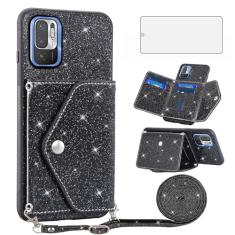 Asuwish Capa de telefone para Xiaomi Redmi Note 10 5G capa carteira com protetor de tela de vidro temperado e alça transversal cordão Bling Glitter suporte para cartão de crédito Poco M3 Pro/Redme