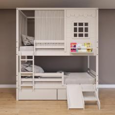 Beliche Casinha Reta com 02 Gavetas Grade Removível Escorregador e Cortina Madeira Maciça Branco Housin