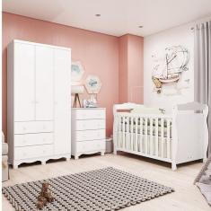 Quarto de Bebê Completo com Guarda-roupa 3 Portas e Cômoda e Berço Nina 100% Mdf Espresso Móveis Branco Brilho