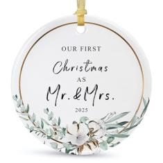 Enfeite de casamento de primeiro Natal 2025, primeiro ano como Sr. e Sra. Enfeite de pendurar de Natal para casais