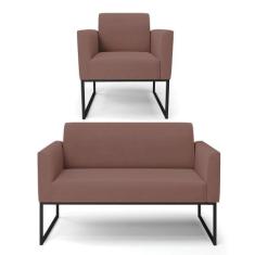 Sofá Namoradeira Com Poltrona Base Industrial Preto Marisa Veludo Rosê