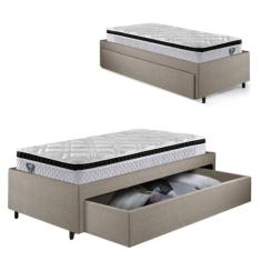 Base Box Cama Solteiro Sapateira Linho Bege e Colchão Cama inHouse Eco