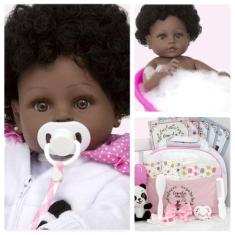 Boneca Reborn Pretinha Panda Corpo de Vinil Com Acessórios - Cegonha R