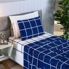 Jogo De Cama Solteiro Dupla Face Grid MIcro Percal 200 Fios Austin 3 P