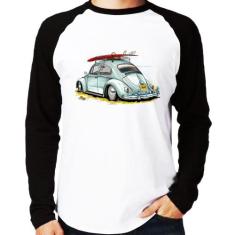 Camiseta Raglan Fusca Vintage Manga Longa - Foca na Moda, Branco, Pret