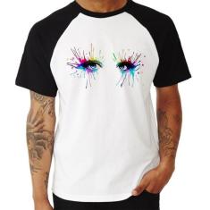Camiseta Raglan Olhos Cores Pintura - Foca na Moda, Branco, Preto, P