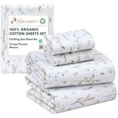 RUVANTI Lençóis 100% algodão orgânico California King, tecido percal, certificado GOTS, conjunto de 4 peças, bolso profundo de 33 cm, nítido e respirável, roupa de cama macia e durável, Sábanas
