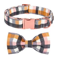 Maca Bates Coleira xadrez para cães com gravata borboleta chique para meninas pequenas, meninos, cães, outono, cinza, rosa, cachorrinho, xadrez, coleira com gravata borboleta ajustável, macia, durável