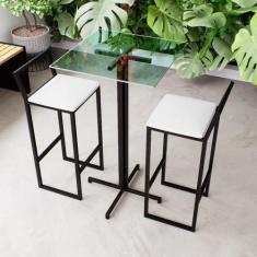Conjunto Mesa Alta Bar Bistrô Quadrada Vidro 2 Banquetas Confort Estof