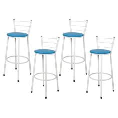 Jogo 4 Banqueta Alta Para Cozinha Branca Epoxi Assento Azul - Lamar De