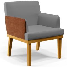 Poltrona Decorativa Para Sala de Estar Beatriz W01 Linho Cinza Escuro Couríssimo Camel  - Lyam Decor