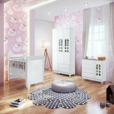 Quarto De Bebê Completo Berço Roupeiro Cômoda Branco