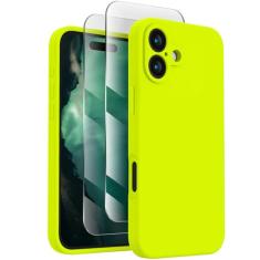 FireNova Capa projetada para iPhone 16, de silicone atualizada [proteção da câmera] com [2 películas], forro de microfibra macio antirriscos dentro, 6,1 polegadas, verde fluorescente