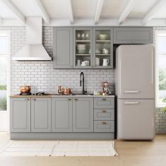 Cozinha Compacta 4 Peças com Balcão para Pia e Aéreo para Geladeira Internacional Cinza/Marrom