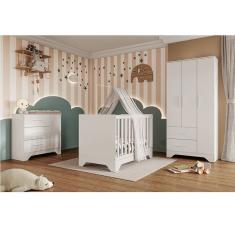 Quarto de Bebê Completo Guarda-roupa e Cômoda e Berço Minicama 100% Mdf Liam Espresso Móveis Branco Brilho