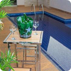 Conjunto De Mesa E 2 Bancos Quadrado Cromado Para Varanda - Metalcromo