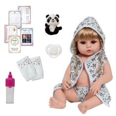 Boneca Reborn Realista Loira Roupão Panda Com Kit Acessórios - Cegonha