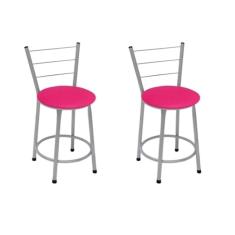 Kit 2 Banquetas Baixas Prata com Encosto Assento Rosa