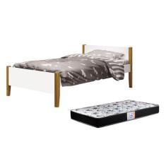 Cama Solteiro Simba Branco Fosco com Pés Amadeirado e Colchão D33 - Re