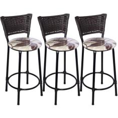 Kit 3 Banquetas Médias Preta com Encosto Junco Argila Assento Floral M