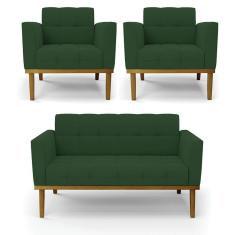 Sofá Namoradeira E 2 Poltronas Base Madeira Castanho Elisa Veludo D03 - D\'rossi Cor Verde