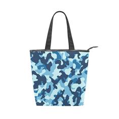 Bolsa feminina de lona durável com camuflagem azul marinho grande capacidade sacola de compras bolsa de ombro
