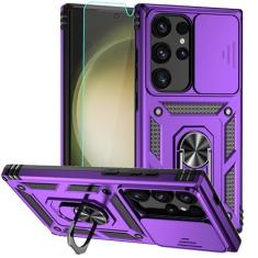 Androgate Capa para Samsung Galaxy S24 Ultra, capa de telefone de plástico rígido com amortecedor macio com [capa de lente de câmera deslizante] [anel giratório de 360°] [protetor de tela HD] para S24