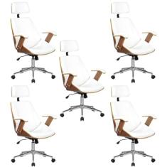 Kit 5 Cadeiras de Escritório Presidente Giratória com Apoia Cabeça Office Lisboa Branco