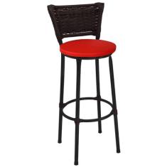 Banqueta Alta Preta com Encosto Junco Argila Assento Vermelho Fortmix