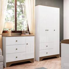 Quarto Infantil com Guarda Roupa e Cômoda 100% MDF Cocada Branco Brilho/Carvalho