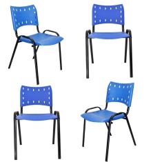 Kit 4 Cadeiras Iso Para Escola Escritório Comércio Azul Base Preta