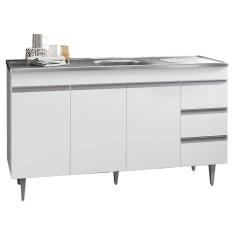 Balcão Gabinete Com Pia Inox 150Cm 3 Portas Andréia Branco